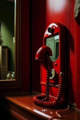 Старинный красный телефон стоит на полке, висящей на стене под зеркалом, телефон отражается в зеркале.