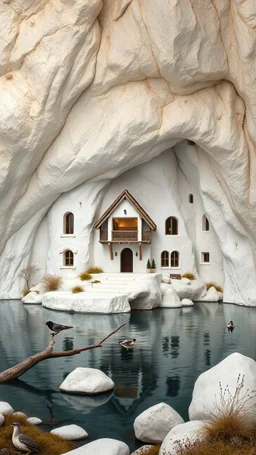 A house made out of white fathers by the lake designed in cave paintings painted by Paul Ranson ,