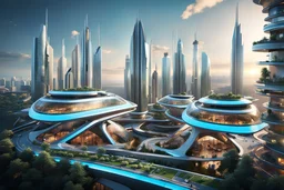 City in 2100 :: 8K, 3D, Octane Render, VRay, Unreal Engine 5, Hyperdetailed, intricate, HDR, extremely realistic evolution of future architecture, photorealism, colourful, blue sky over a clean environment, award winning, crisp quality, masterpiece, fantastic view, digital art, airbrush art, ink drawing, sharp focus, high contrast, depth of field