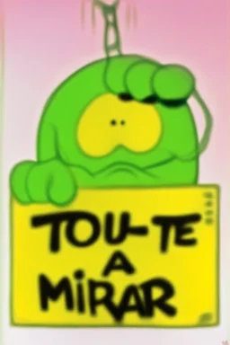 an image showing a green character holding a sign titled tou de volta skeptika, in the style of 1970s, post-war french design, flickr, tempera, contax ii, violent, joyful and optimistic --ar 2:3