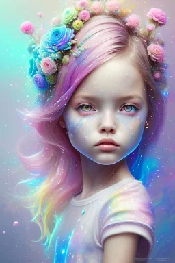 a little girl,sumetric eyes, pink hair, colorful, watercolor splash, white dress, rainbow flowers, in the style of Camilla d'Errico, hyper detailed, beautiful, complex, trending on artstation, cryengine, national geographic photo, chiaroscuro