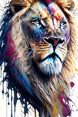 "lion", clean design, art station, splash of colorful paint, contour, ((solid white background)), looking into camera, hyperdetailed intricately detailed, unreal engine, fantastical, cinema lighting, intricate detail, splash screen, complementary colors, fantasy concept art, 8k resolution, DeviantArt masterpiece, watercolor, paint dripping