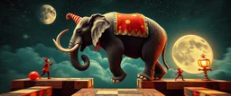 clowns lying when he repeats everything you say, bear ant eater elephant floating in 4 dimensional platform game, goa trance movie poster, stylized art, pin hole photo, motion blur, in the style of Escher