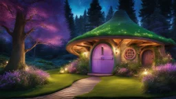 hobbit cottage in the woods surrounded by trees with fairy lights with a whimsical like feel, with pinks, blues, purple colors, circular hobbit-style door, fairy lights, circular hobbit-style windows, fairy lights, green grass roof, fairy lights, illustration