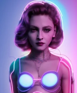 Artist, young madonna, android woman, glow iris, piercings, sweet, gringer, white skin, long eyeliner, glow pink cheeks, glossy lips, color leds lights, cables, short hair, circuits, cyberpunk, latex coat, cyber punk, neon, portrait, studio photo, unreal engine 5, soft color, 16 bit, god lights, ray tracing, RTX, lumen lighting, ultra deatail, volumetric lighting, 3d, finely drawn, hd.