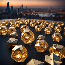 16 crystal Dodecahedrons in 4 x 4 x 4 set , the golden modern city escape in background .Dodecahedrons sudenly colapsing and falling to floor .