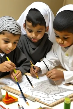 Saudi Arabia children playing with drawing tools