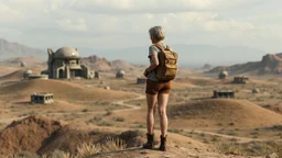 A photorealistic image of a slender 60-year-old woman, in brown shorts, a shirt and boots, with a backpack, standing on a hill looking down on a derelict sci-fi village with low alien buildings.