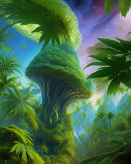 Forest of giant cannabis plants in a tropical setting, beautiful fantasy landscape, realistic and natural, cosmic sky, detailed full-color, nature, hd photography, fantasy by john stephens, galen rowell, david muench, james mccarthy, hirō isono, realistic surrealism, elements by nasa, magical, detailed, alien plants, gloss, hyperrealism