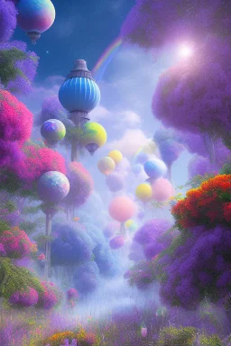 digital illustration, a world full of life divine thrill of biological tranquil sky, flowers, bright color splashes, high detailed 8 k,ufo rainbow