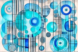 abstract watercolour , ink transfer lines, bifurcated circles, Paul Klee ,grey and blues