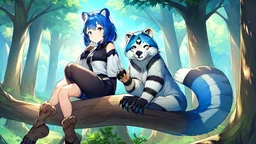 5Girl, blue hair, raccoon ears, raccoon tail, raccoon face, forest, sit on tree, raccoon paws on hand, paws on foot,