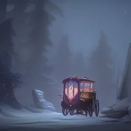 Boy stow away in magical carriage at night Nick Harris style