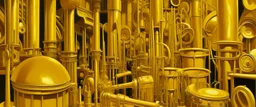 A golden yellow fortress made out brass instruments painted by Grant Wood