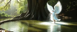 radiant white feather light mirror bounce ancient angelic wooden treant by dark fountain,sonoluminessence