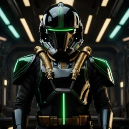 star wars bald male corellian pilot wearing black and gasoline green First Order special forces TIE pilot armored flightsuit and helmet with gold trim inside the jedi temple, centered head and shoulders portrait, hyperdetailed, dynamic lighting, hyperdetailed background, 8k resolution, volumetric lighting, light skin, fully symmetric details