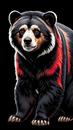 Art illustration lineal spectacled bear, Andean bear, art calidad ultra, hiperdetallado,12k, fondo negro, color blanco, rojo, negro y marrón full body