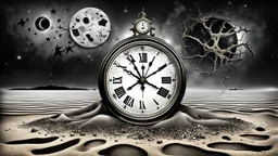 Pale gray summer beach cold, gray, fine mist. An antique clock in the sand shows exactly midnight, black lunar eclipse in the dark sky, endless cosmos with melting stars, cracked and broken sunglasses in the sand reflect the lunar eclipse, midnight, dark, surreal mood, mixed media image, realistic photo with ink, mystical abstract reality