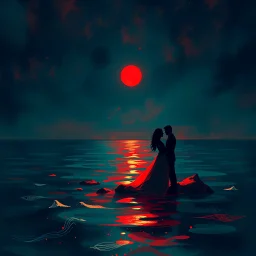 romantic picture, abstract night, with red and green ocean water , hq