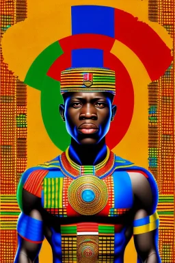 avenger in Kente costume portrait, cinematic, ghana colours, african pattern, engraved, high detail