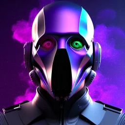 futuristic purple masked villain in galaxy, teal and purple smoke, detailed, realistic, 4k