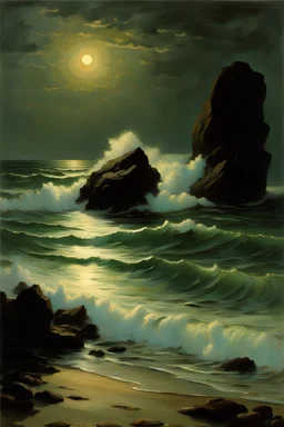 Night, sea, waves, rocks, sand, seashore, epic, auguste oleffe and friedrich eckenfelder impressionism paintings
