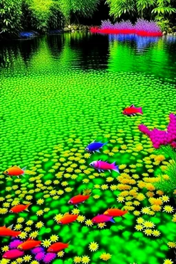 a pond with clear water multicolored fishes underwater flowers vines