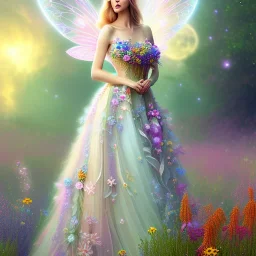 bright fairy, beautiful portrait, flowery landscape, cosmic atmosphere, perfect composition, 8k, super detailed, delicate flowers, complemfentary colours, intricate details