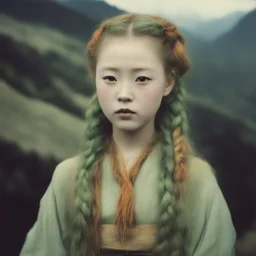 Old autochrome of devon aoki ,with orange cheeks, weird green braids. In the mountains, in 1830