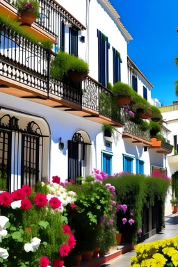Mediodía en marbella España, con sus típicas callesitas y balcones con flores al estilo renuar
