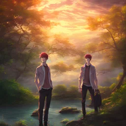 In the anime, a young male character is near the green lake in the sunset afternoon.