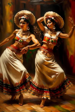 2 maxican woman dancing neoclassism traditional painting