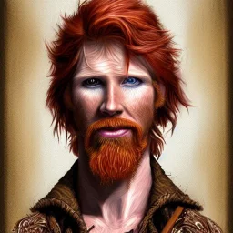 Portrait of Courtney Gains as a ruggedly handsome but joyful roguish pirate, charismatic, attractive male, masculine, perfect, precisely detailed, lightly freckled face, meticulously detailed multi-hued ginger carrot colored cherry fire red hair; Malachai of the corn; fantasy, intricate, elegant, highly detailed, digital painting, artstation, concept art, matte, sharp focus, illustration, art by artgerm and greg rutkowski and alphonse mucha