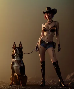 Ultra realistic, steampunk western party scene. Cabaret woman with dog-man, waist up view, dancing, happy, color smoke, highly detailed, concept art, unreal engine 5, god rays, ray tracing, RTX, lumen lighting, ultra detail, volumetric lighting, 3d, finely drawn, high definition, high resolution.