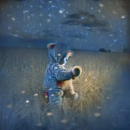 toddler in pyjamas with teddy bear in a field at night with lots of stars, looking at an apparition in the sky