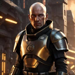 star wars bald male corellian pilot wearing pearlescent black and gunmetal grey First Order special forces heavy assault stealth commando armor and helmet with gold trim inside the jedi temple, hyperdetailed, dynamic lighting, hyperdetailed background, 8k resolution, volumetric lighting, light skin, fully symmetric details