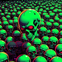 mars attacks a field of 1000s of cartoonish, anatomically correct, skulls, vivid RANDOM BRIGHT neon colors, dark comedy, well lit, high detail, photorealistic, horrorcore, fun, scary, none featured, each a different color or hue,