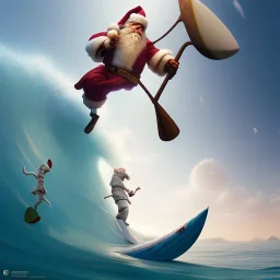 Santa standing of surfboard surfing a big wave, empty hands, beach, character design by cory loftis, fenghua zhong, ryohei hase, ismail inceoglu and ruan jia. unreal engine 5, artistic lighting, highly detailed, photorealistic, fantasy