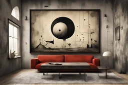 Style by Gabriel Pacheco and Joan Miro and Zdzislaw Beksinski, a framed picture in a strange brutalist Bauhaus living room, surreal masterpiece, strange inconsistencies and banal absurdities, smooth, weirdcore, neo surrealism,