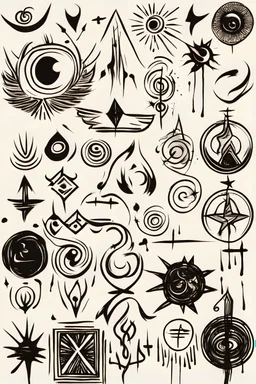 A flash of 10 simple line drawing black ink on white background of spiritual symbols and meaningful designs with some brushstrokes and ink splashes