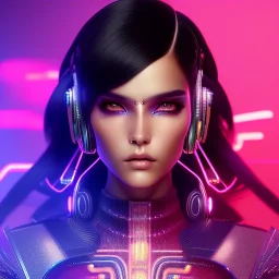 Rosalía, Cyborg anime warrior, cyberpunk, light black hair, pixie hairstyle, cobalt eyes, waist up portrait, 8k resolution, retroanime, intricate details, neon details, soft lighting, vibrant colors, masterpiece, intricate eyeliner, dark eyeshadow, eyes, intricate tattoos, gradient background