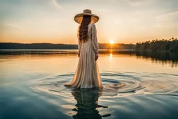 lies on of the lake a long hair nice woman in a long vintage dress and hat, she looking herself into the water, her face reflection in the water, pale stunning colors, sunset, peaceful mood, minimalist background Professional photography, natural lighting, canon lens, shot on dslr 64 megapixels sharp focus, reflections, stunning