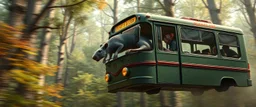 buss driver shaped like a rat flying through a forest, rat monkeys in the trees