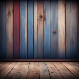 Hyper Realistic navy-blue & maroon multicolor grungy rustic wooden plank wall texture in an empty room with window & vignette effect