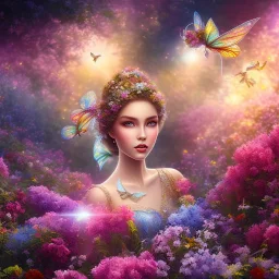 bright fairy, beautiful portrait, flowery landscape