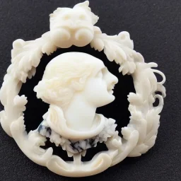 beautiful decorative cameo brooch with a spirit bear, decorative design, classical ornament, bilateral symmetry, highly detailed etching, marble carving