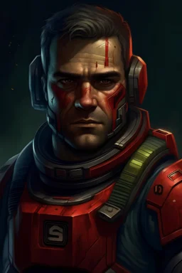A DIGITAL ART portrait of a space marine. Style from The Expanse. He is 30 years old. His eyes are tired but he has a grim smile. He is not wearing a helmet. His pants have a red stripe. Realistic.