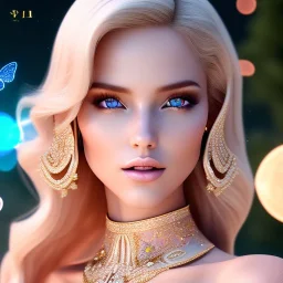 Full body Princess, sexy woman blondie, make up, beautiful smiling face,blue eyes, beautiful place,amazing, flowers, colors, blue and pink butterfly, realistic, photo real, stars night, detailed, high contrast, 8k high definition, unreal engine 5, extremely sharp detail, light effect, light background