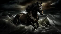 Dramatic composition that juxtaposes the force of nature (the turbulent waves) with the dynamic movement of the horse.