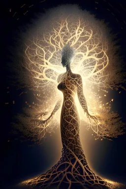 a tree made of equations turning into a goddess of light